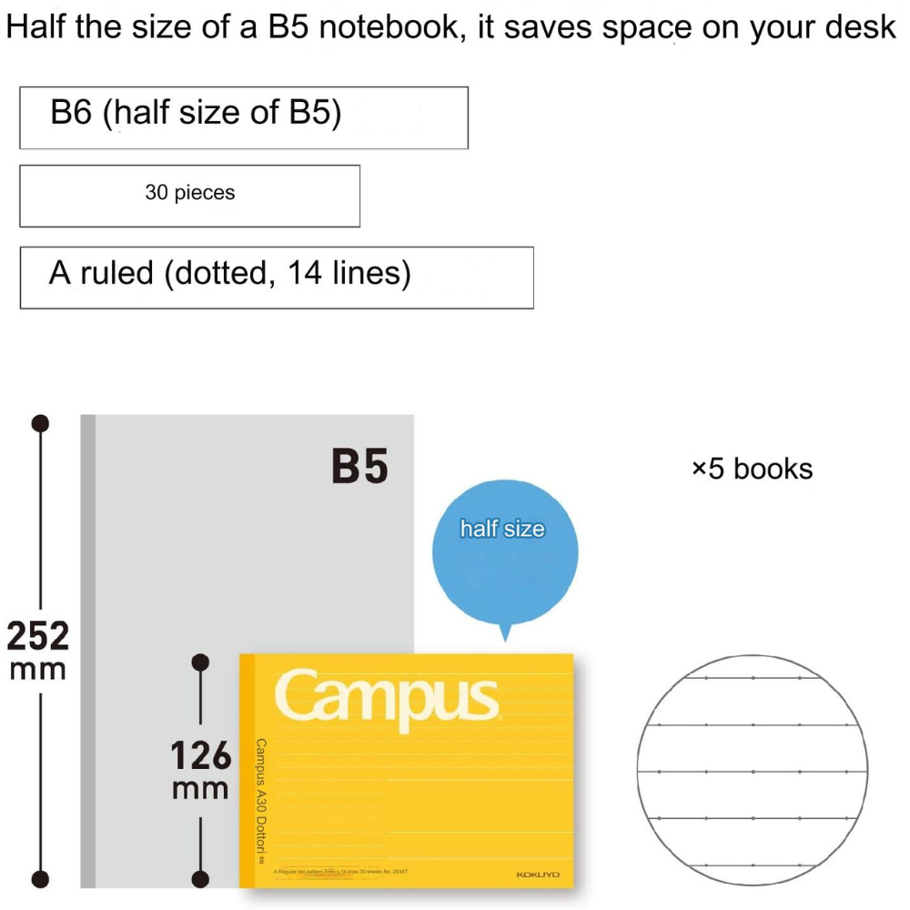 Kokuyo Campus Half Size Notebook - Half-B6 Horizontal - Dotted 6 mm Rule