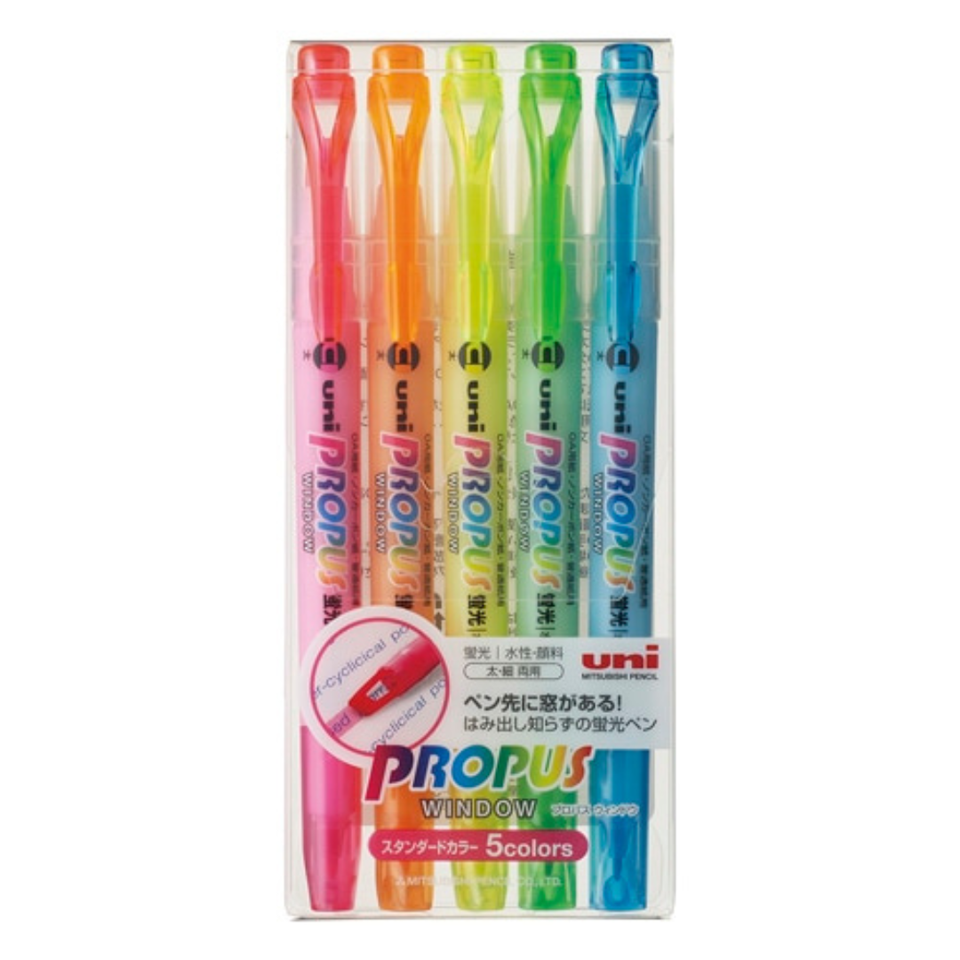 Uni Propus Window Double-Sided Highlighter - 4.0 mm / 0.6 mm - 5 / 3 Color Set