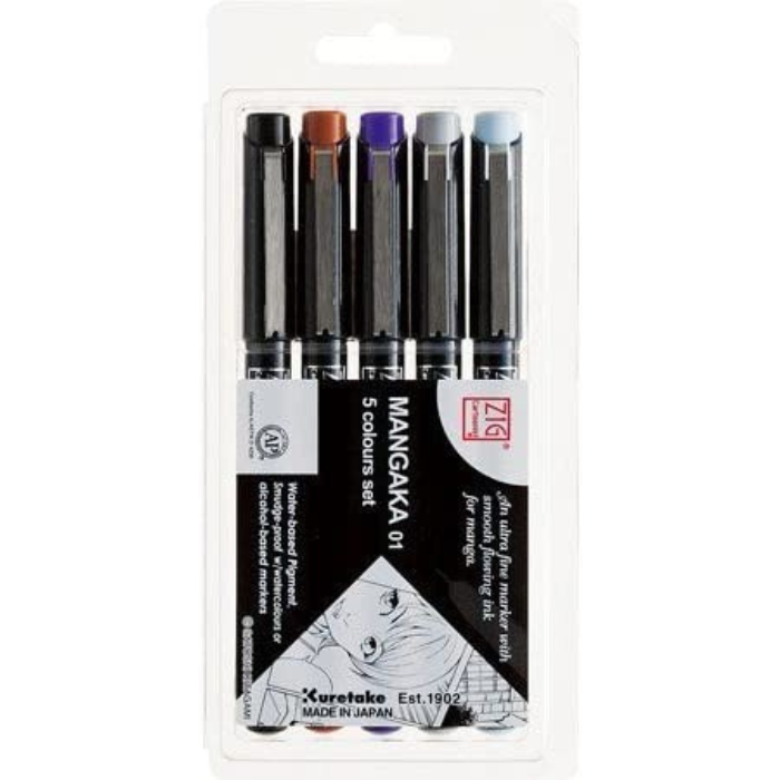 Kuretake ZIG Cartoonist Mangaka Outline Pen - 5 Color Set