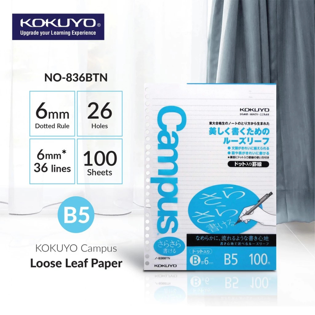 Kokuyo Campus Loose Leaf Paper - Sarasara - B5 - Dotted 6 mm Rule - 26 Holes - 100 Sheets