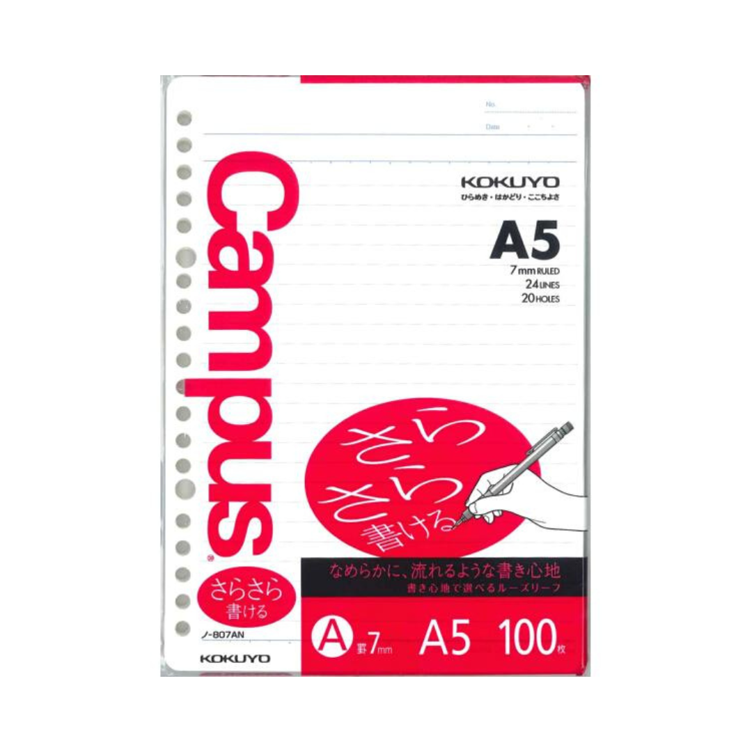 Kokuyo Campus Loose Leaf Paper - Sarasara - A5 - 7 mm Ruled - 20 Holes - 100 Sheets