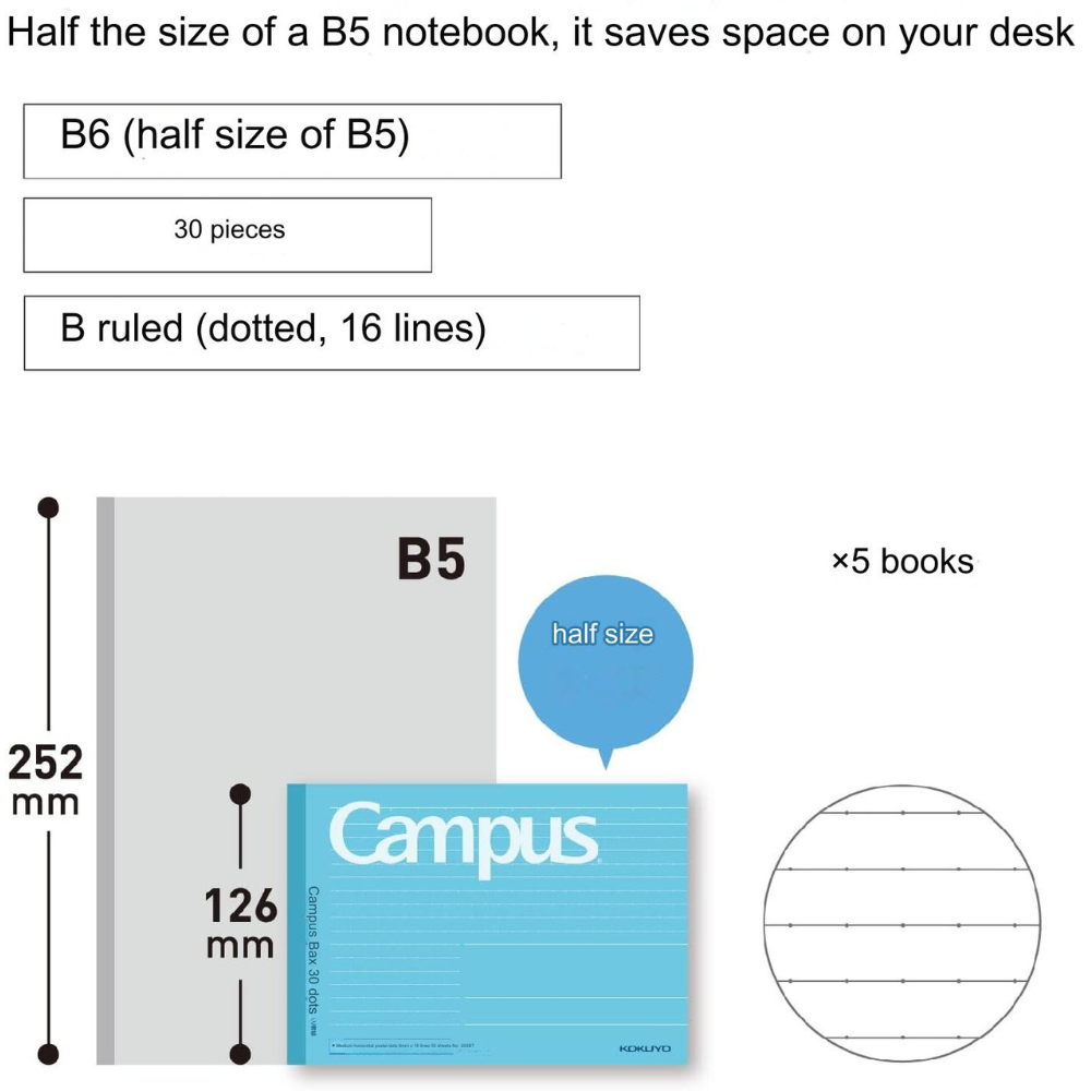 Kokuyo Campus Half Size Notebook - Half-B5 Horizontal - Dotted 6 mm Rule