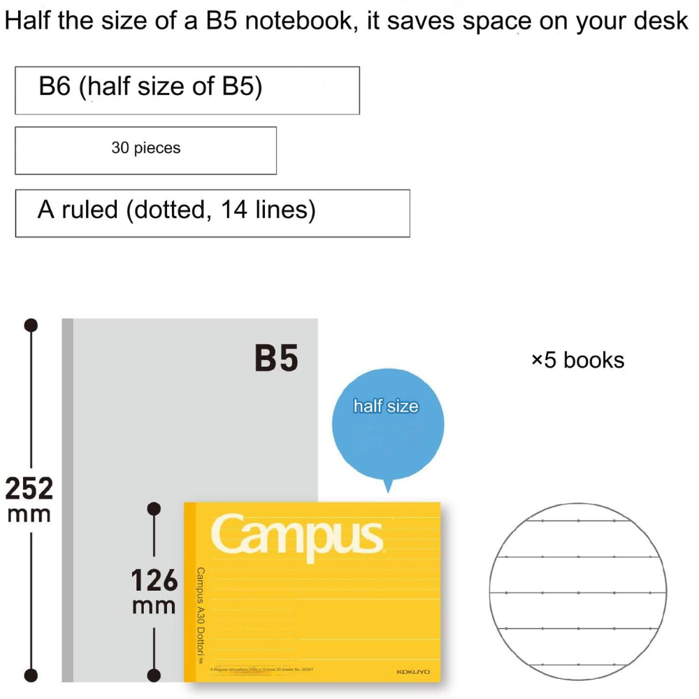 Kokuyo Campus Half Size Notebook - Half-B5 Horizontal - Dotted 6 mm Rule