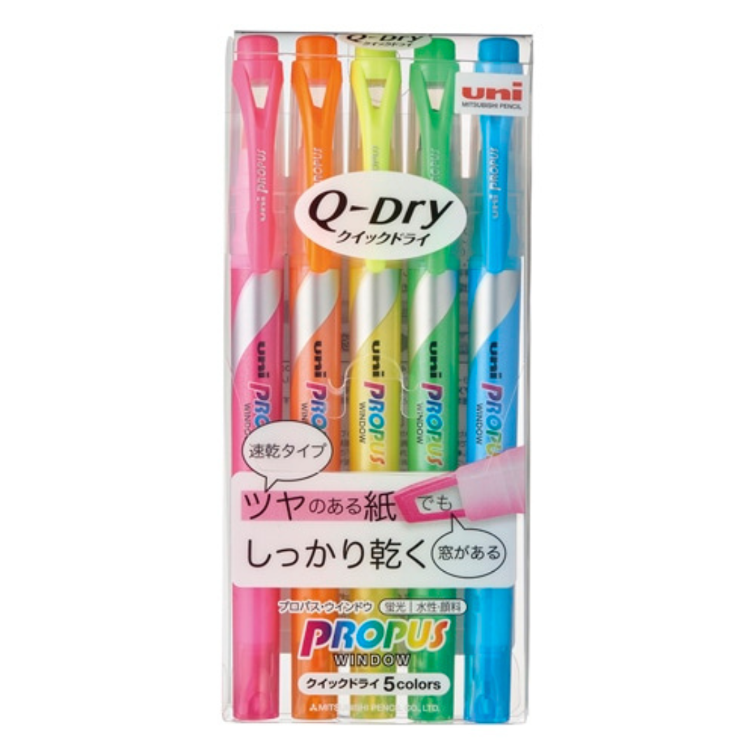 Uni Propus Window Q-Dry Double-Sided Highlighter - 4.0 mm / 0.6 mm - 5 Color Set